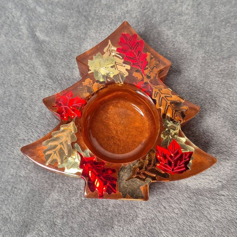 Handmade Resin Autumn Tree-Shaped Tealight Holder Gold Red Leaf Accents